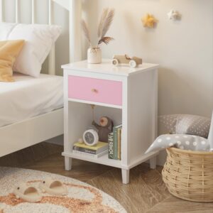 ALYIAMXL Kids Nightstand Modern Kids Bedside Table with Drawer & Open Storage Shelf Wood End Side Table Toddler Nightstand for Bedroom Living Room (Pink)