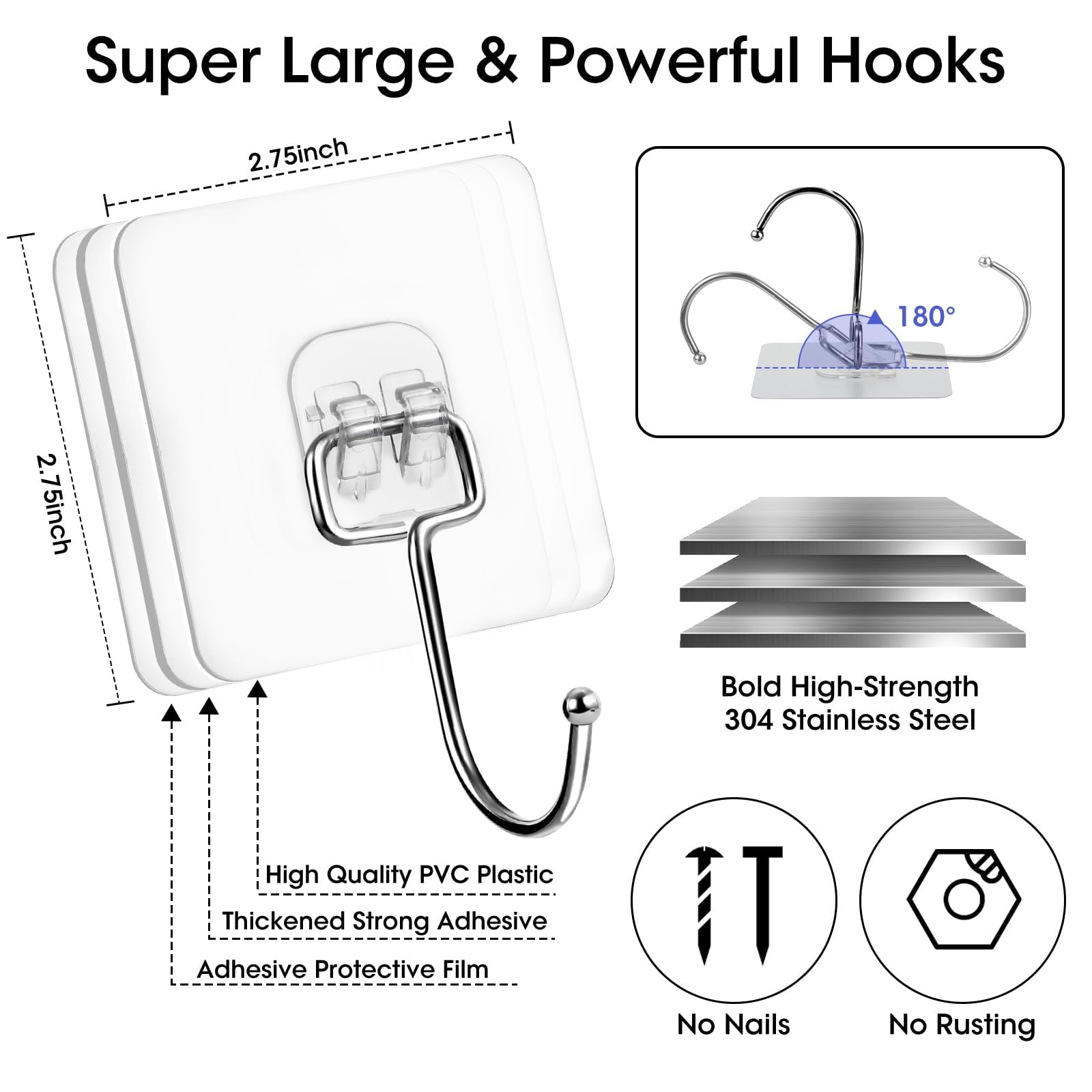 FGCKJ Ultra Strong 50lb (Max) Transparent Self-Adhesive Hooks - Heavy-Duty Wall Hooks for Kitchen, Bathroom, Ceiling, and More - The Ultimate Organizational Solution (Pack of 10 Transparent Hooks)