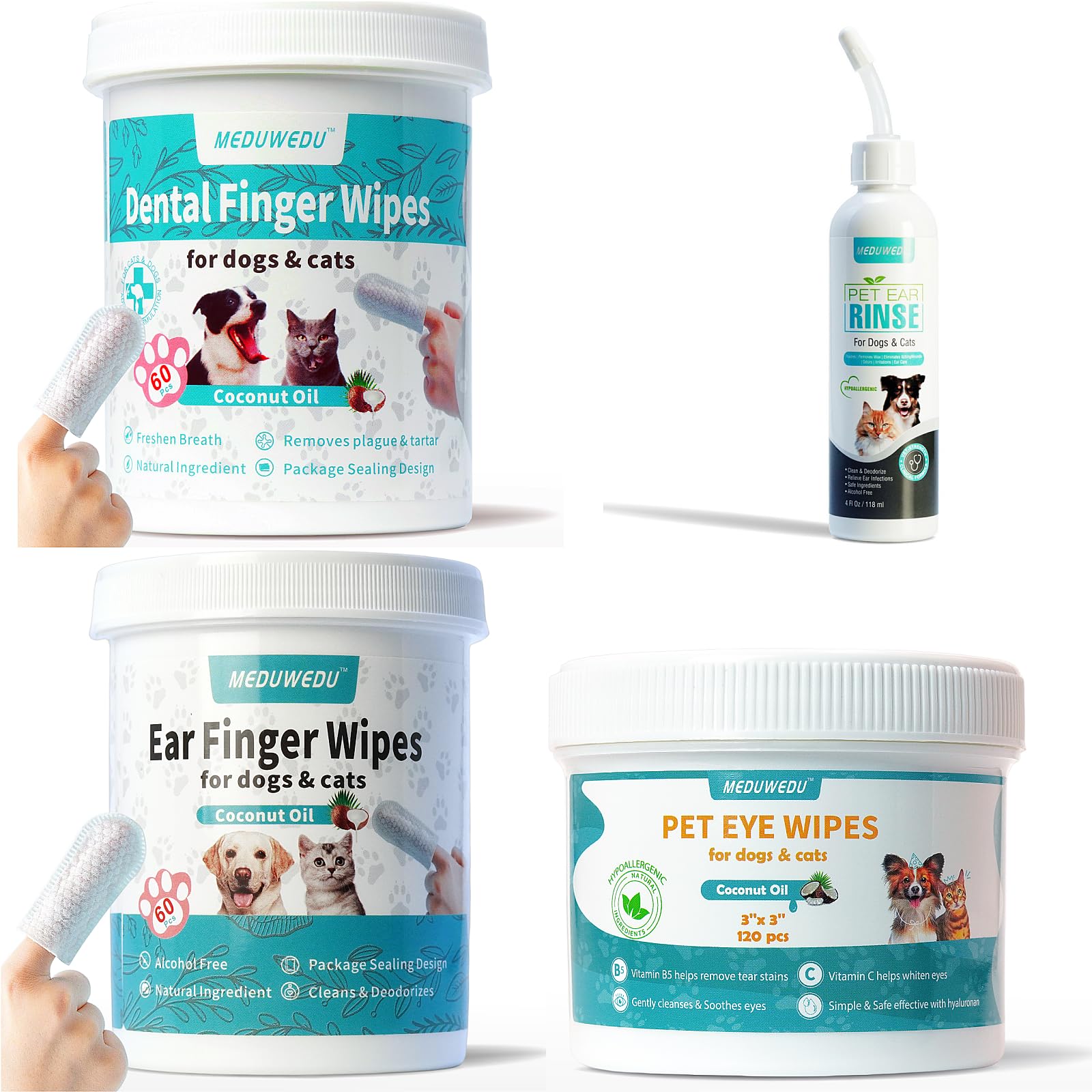 MEDUWEDU Ear Relief Finger Wipes & Dog Ear Cleaner & Eye Wipes& Dental Care Finger Wipes Kit