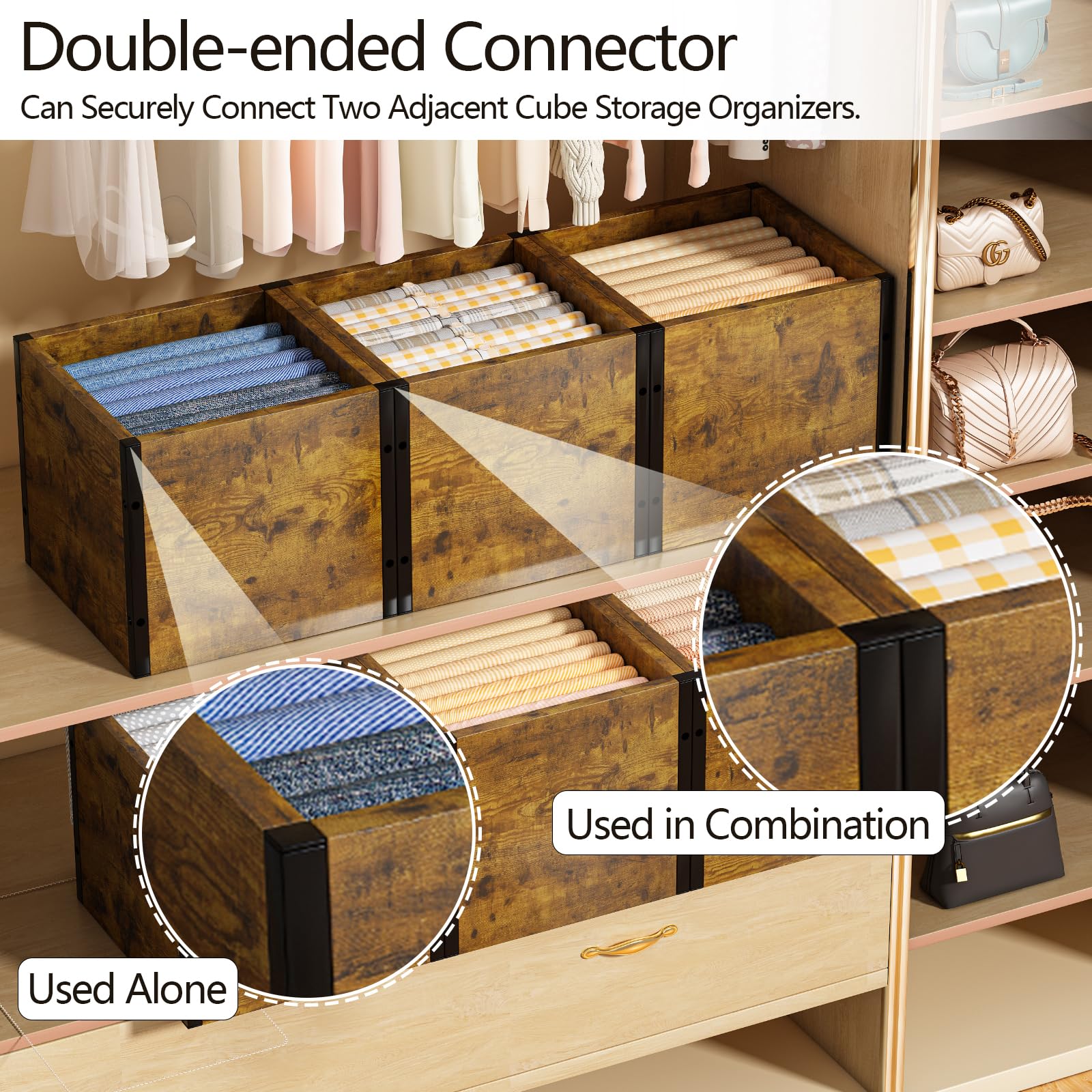 QIALINO Cube Storage Organizer Can be Connected in Pairs, Storage Bin Suitable for Closet Organizers and Storage, Clothes Storage, Bookcase, Display Shelf (Rustic Brown, 10.39 * 10.39")