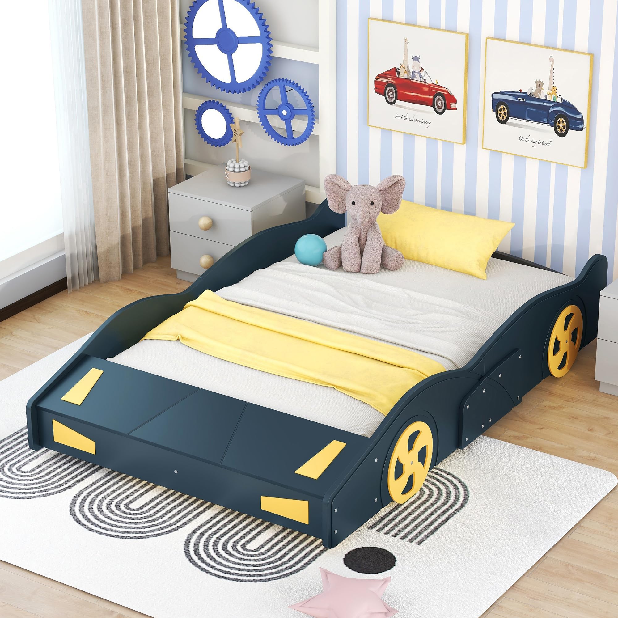 Acosure Full Size Race Car-Shaped Platform Bed with Wheels,Wooden Car Bedframe W/Storage Space,No Box Spring Required,for Boys Toddlers Kids Child's Bedroom,Dark Blue+Yellow