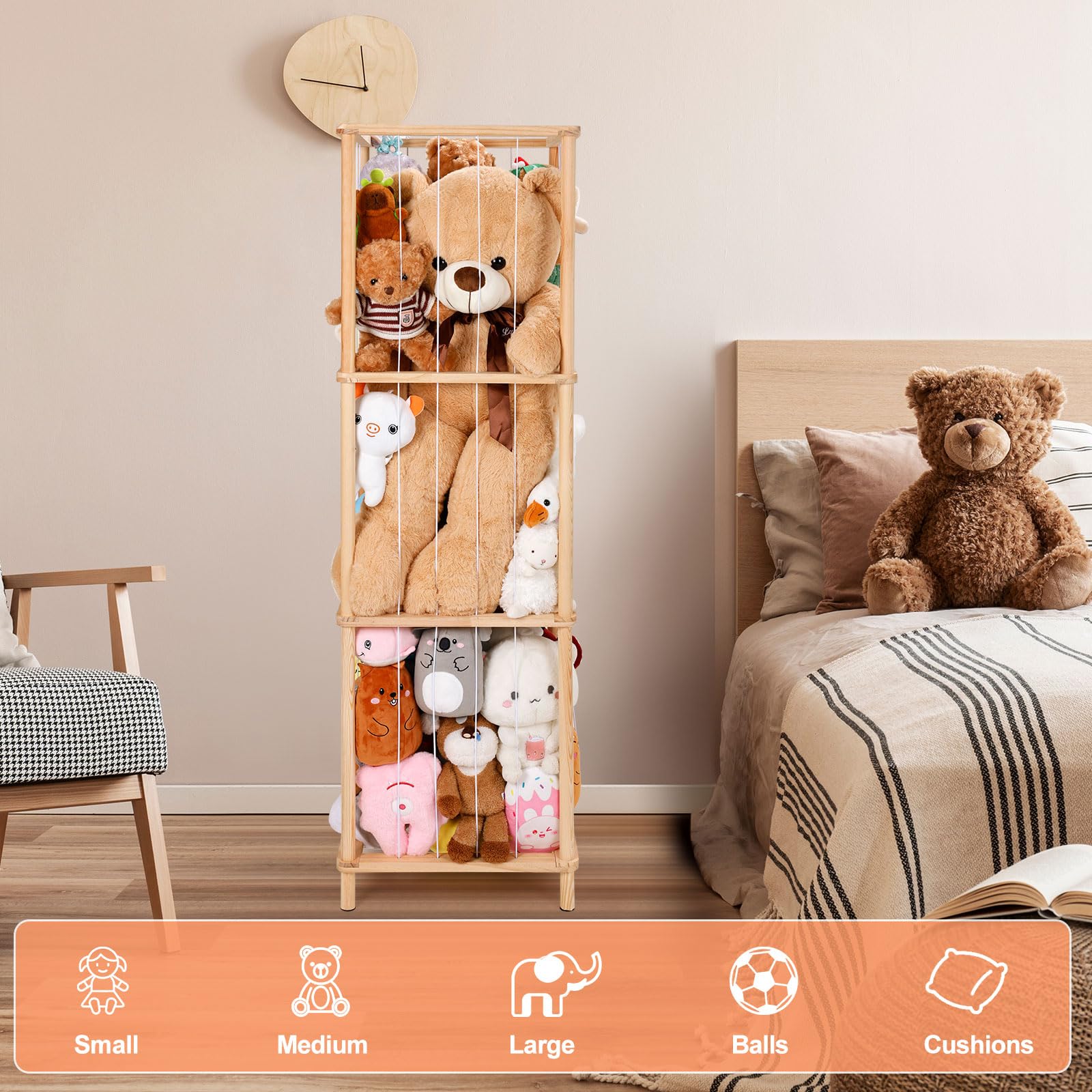 ACEPRUT Wood Stuffed Animal Storage, Space Save Three Tier Vertical Large Stuffed Animal Zoo Organizer for Playroom Bedroom