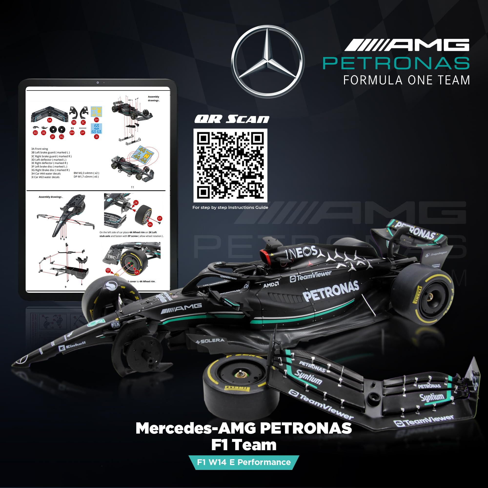 Formula 1 AMG W14 Model Kit - 1:18 Scale Racing F1 AMG W14 E Performance Model Inspired by Lewis Hamilton & George Russell Building kit, Collectible diecast, 140 Pieces