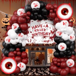 Halloween Balloon Arch Kit Scary Halloween Birthday Party Decorations-Red Black White Bloody Hand Balloons With Have a Killer Birthday Banner Eye Balloons For Halloween Theme Party Supplies