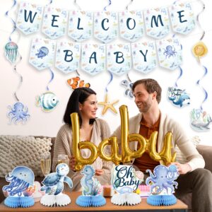 Under the Sea Baby Shower Decorations, Ocean Animals Decorations Include Welcome Baby Banner Hanging Swirls and Honeycomb Centerpiece, Under the Sea Baby Shower Supplies