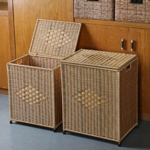 DIIDIIF Shelf Square Laundry Basket With 4 Legs, Handwoven Laundry Hamper With Lid, Metal Skeleton, Imitation Rattan Storage Basket With 2 Handles, 45X35X58cm