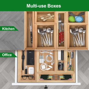 Bamboo Drawer Organizer, 2PCS Stackable Storage Boxes for Utensil Organizer, Wood Tray for kitchen, Bathroom and Bedroom 12" x 3" x 2"