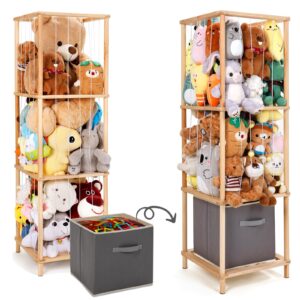 aceprut wood stuffed animal storage holder with storage basket, space save three tier vertical large stuffed animal zoo organizer for playroom bedroom, toy storage birthday gifts for kids