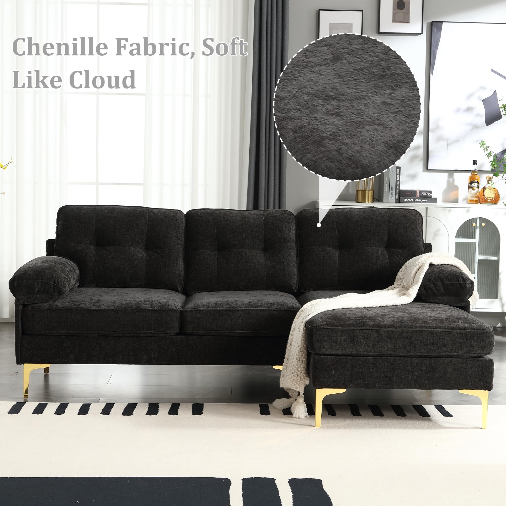 VEPXXP 83" Convertible L Shaped Sofa, Modern Sectional Sofa with Chaise & Comfy Cushion, Chenille 3 Seater Couch Small Couches for Living Room Apartment Small Space, Black