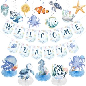 under the sea baby shower decorations, ocean animals decorations include welcome baby banner hanging swirls and honeycomb centerpiece, under the sea baby shower supplies