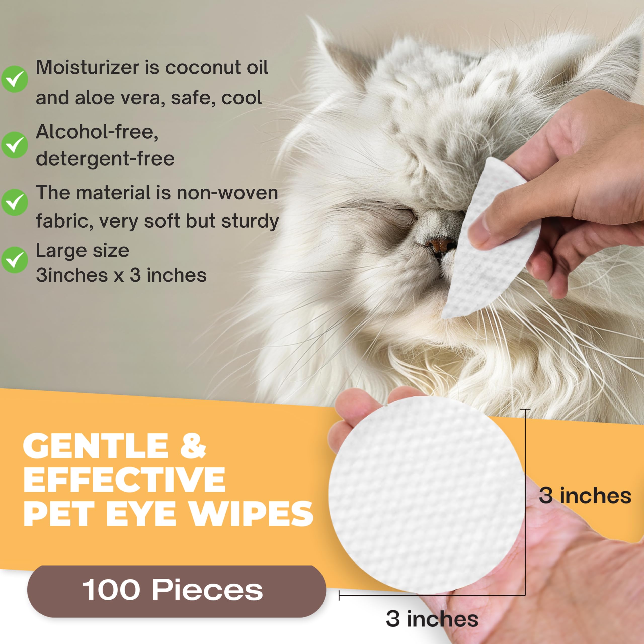 PHONGLEO Dog Eye Wipes, Cat Eye Wipes, Thicker, 100 Pieces, 3 Inch, Pet Eye and Cleaning Wipes, Made of Soft Non-Woven Fabric, Moisturized with Coconut Oil and Aloe Vera, Fragrance Pets Love.