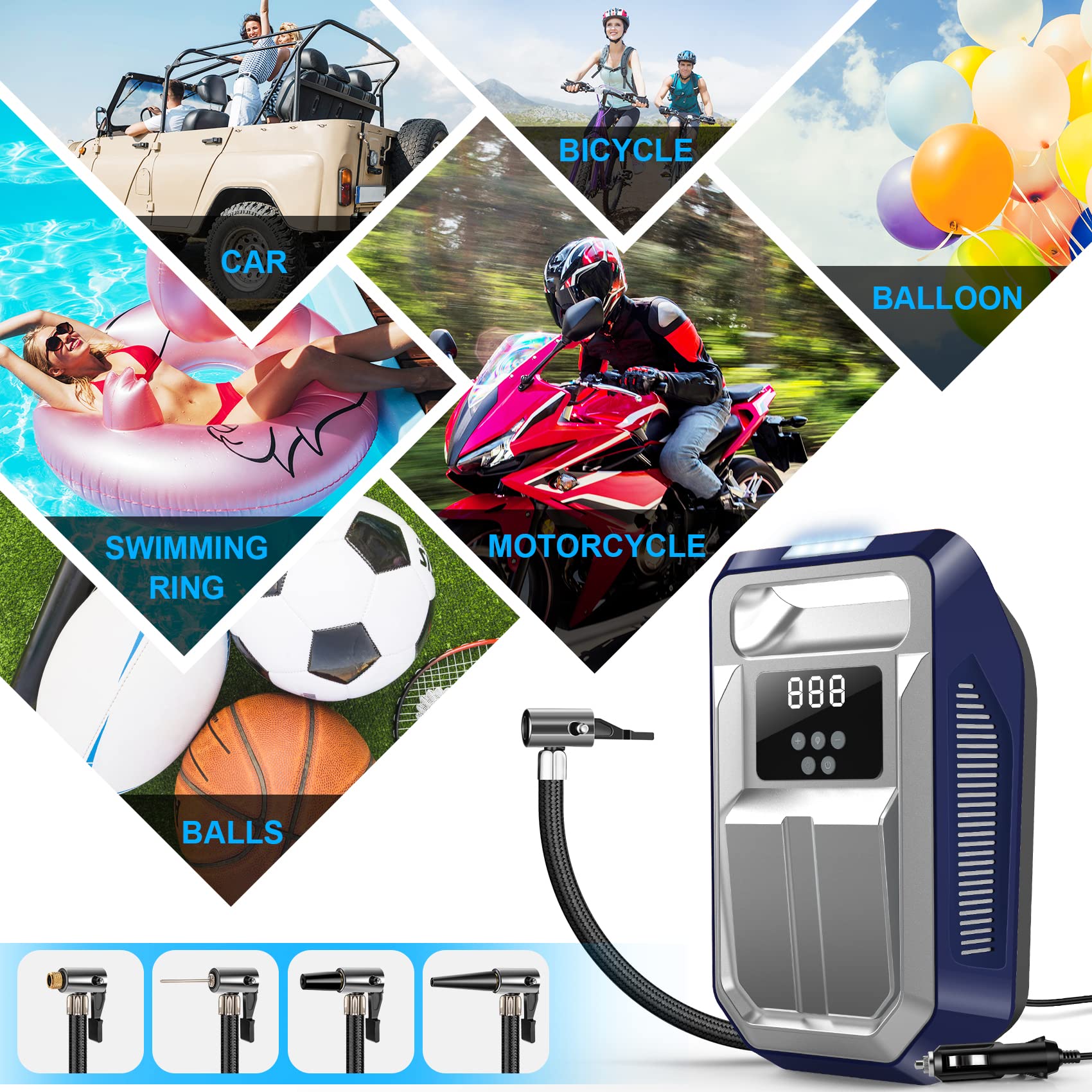 Tire Inflator Portable Air Compressor Tire Air Pump for Car Tires - Car Accessories, 12V DC Auto Pump with Digital Pressure Gauge, Emergency LED Light for Bicycle, Motorcycle, Balloons