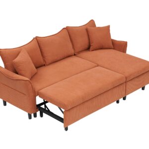 FHUKMZOI 80" Corduroy L-Shaped Convertible Sectional Couches Sofa with Reversible Storage Chaise, Pull-Out Sleeper Sofa Bed with Throw Pillows for Living Room, Office, Apartment (Orange)