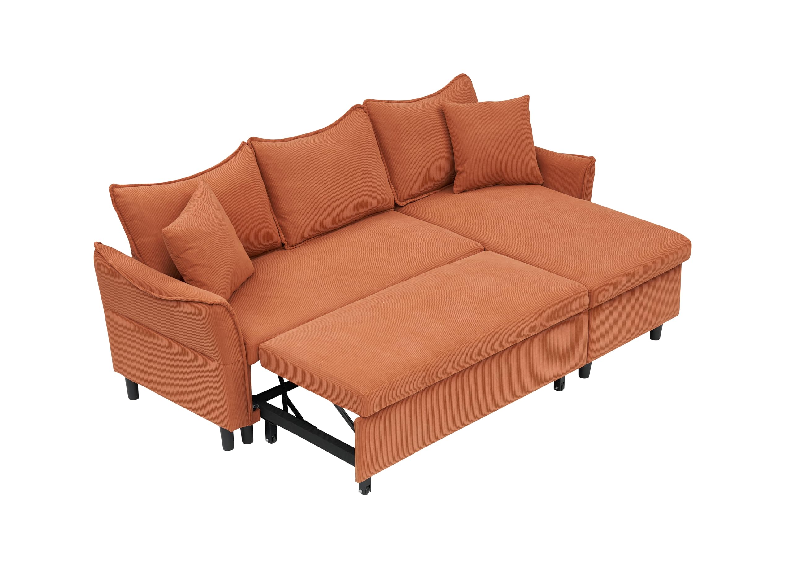 FHUKMZOI 80" Corduroy L-Shaped Convertible Sectional Couches Sofa with Reversible Storage Chaise, Pull-Out Sleeper Sofa Bed with Throw Pillows for Living Room, Office, Apartment (Orange)