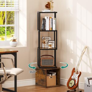 YITAHOME 4-Tier Rotating Bookshelf 360 Display Floor Standing Bookcase for Small Spaces Industrial Narrow Shelf Organizer Storage Rack for Bedroom, Living Room, Study Room,Rustic Brown