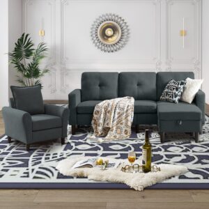 chireca convertible sectional sofa set, small l shaped 3-seat couch with reversible chaise and accent chair, modern polyester sofas couches for living room, dark grey