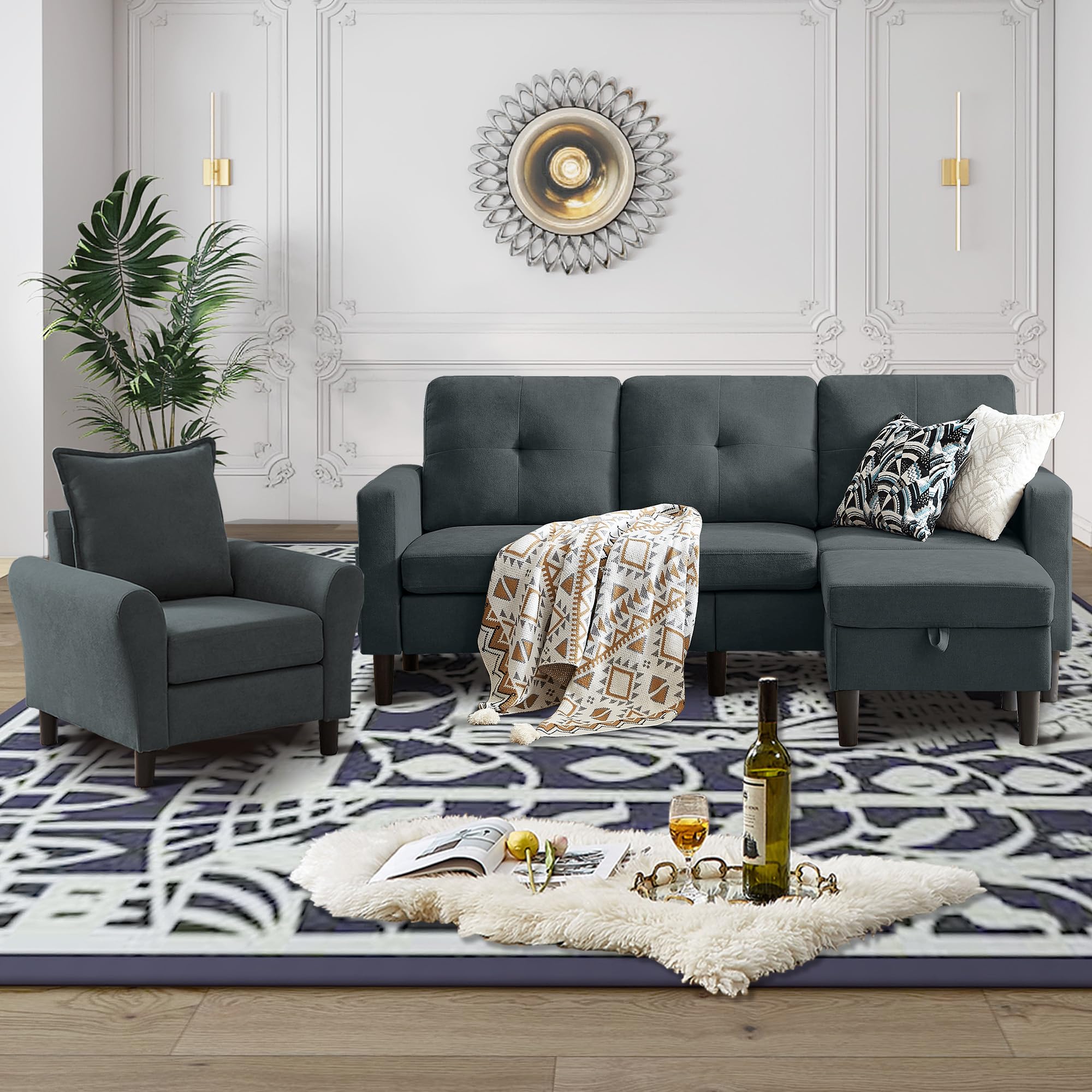 Chireca Convertible Sectional Sofa Set, Small L Shaped 3-Seat Couch with Reversible Chaise and Accent Chair, Modern Polyester Sofas Couches for Living Room, Dark Grey