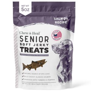 chew + heal labs seniors soft jerky salmon dog treats - 5 oz of omega jerky - dog joint supplement with wild alaskan salmon and turmeric - made in the usa