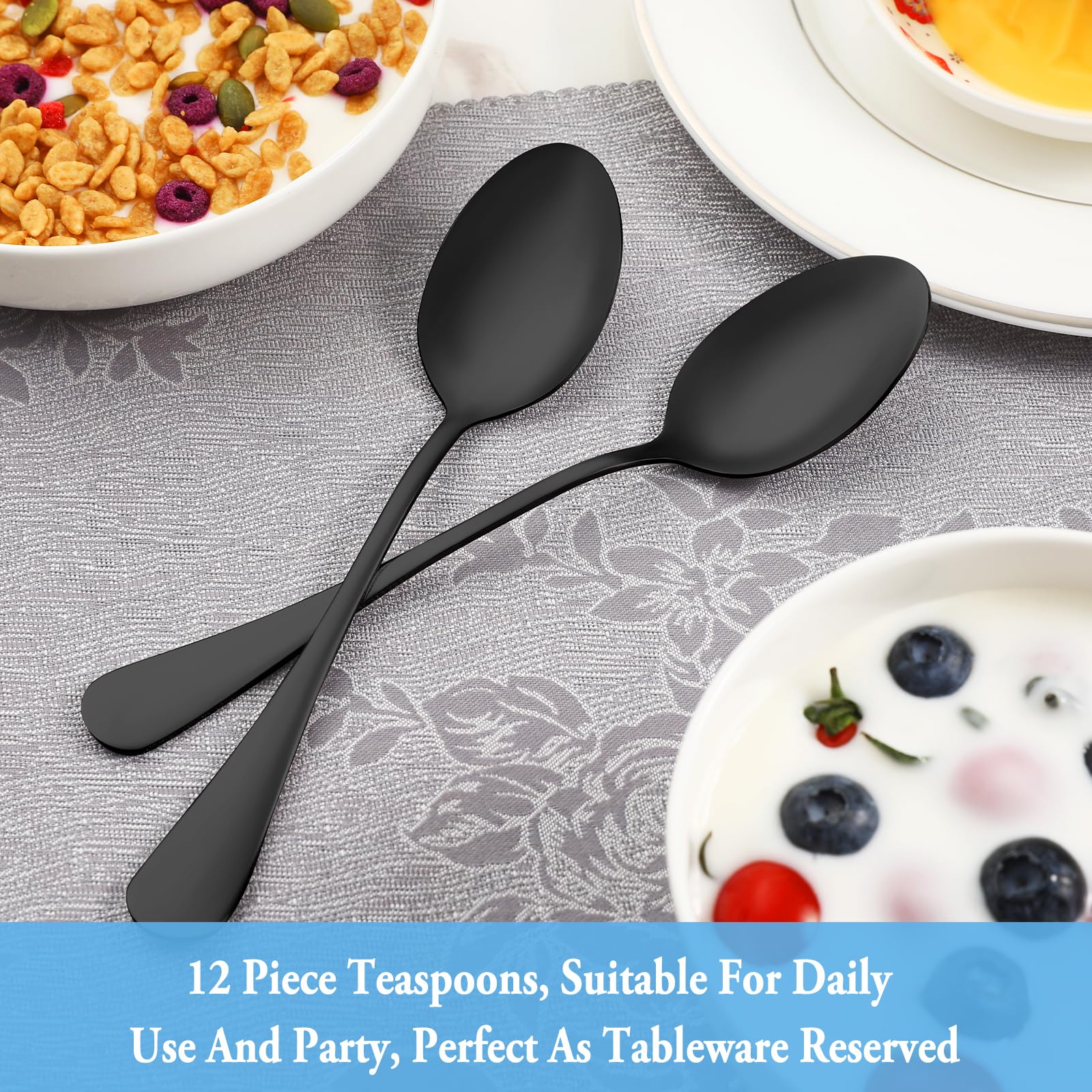 12 Piece Black Dessert Set,Food Grade Stainless Steel Tea Spoons,Durable Small Spoons,Metal Dessert Spoon,Spoons Silverware for Home,Kitchen or Restaurant,Mirror Polished & Dishwasher Safe,6.7-Inch