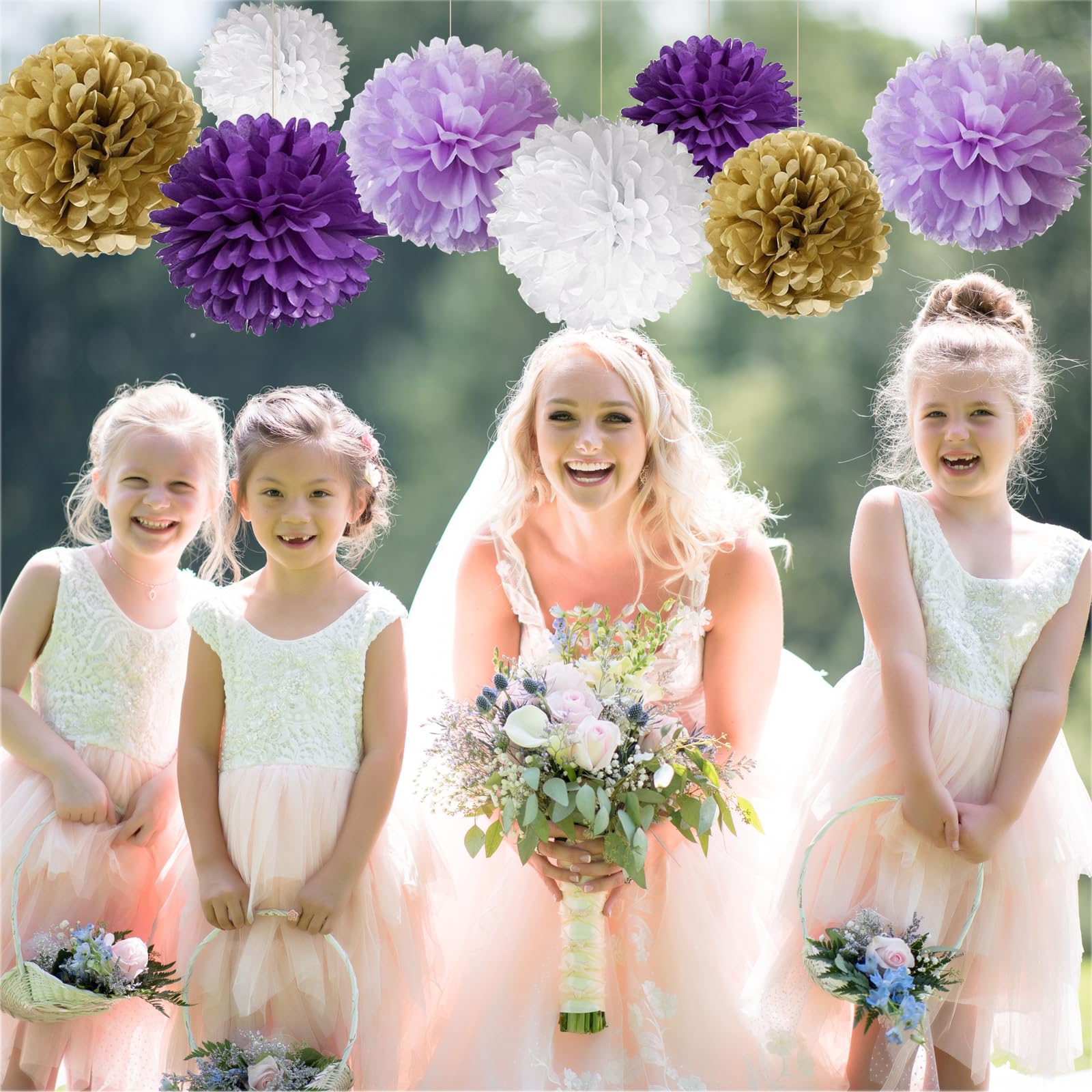 16 Pcs Gold Purple Lavender and White Tissue Pom Poms Kit, Tissue Paper Flowers for Birthday, Graduation Party, Bridal Shower Festival Decorations