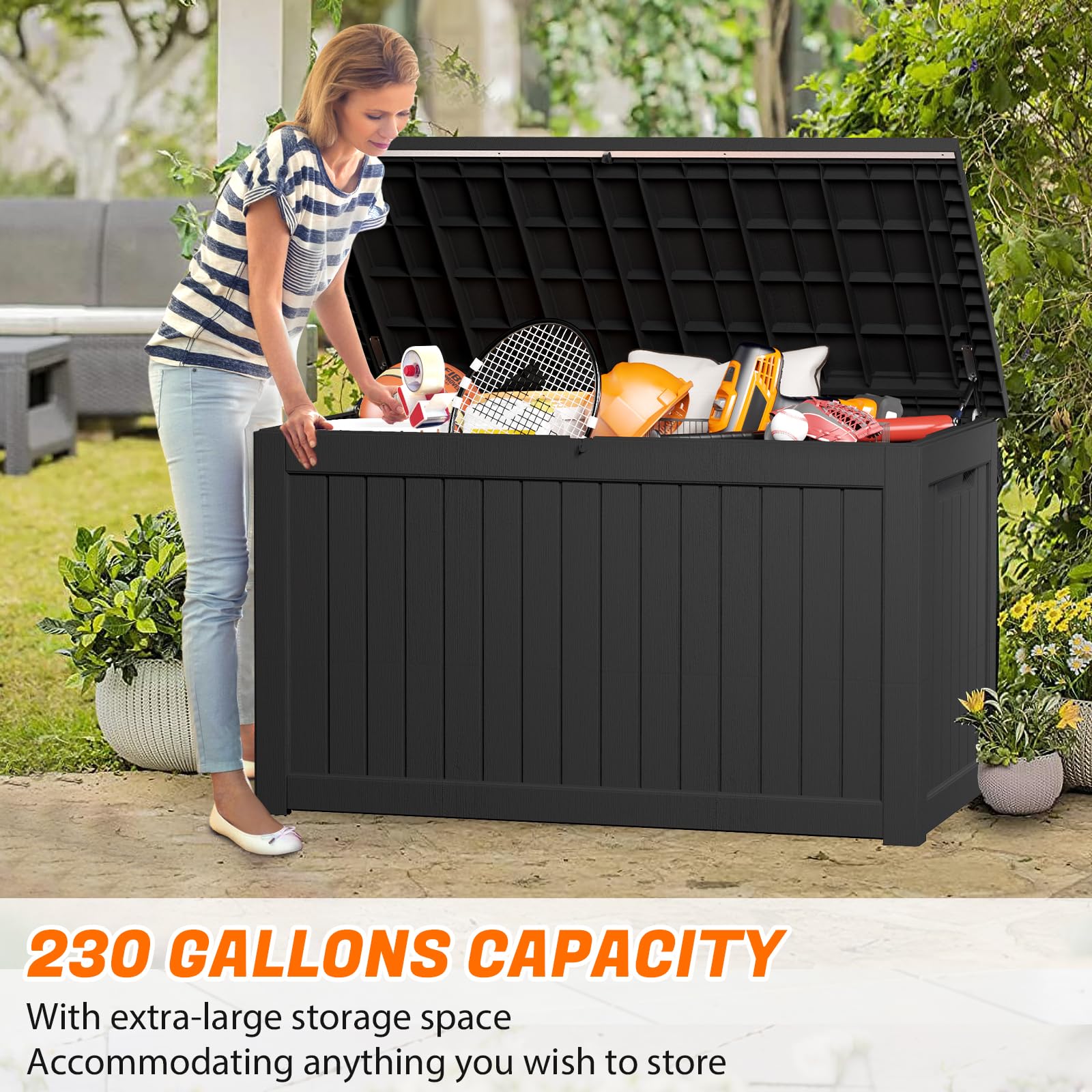 Kiivakii 230 Gallon Large Resin Deck Box, Indoor Outdoor Storage Boxes, Waterproof Storage Bin, Organization and Storage for Patio Furniture, Outdoor Cushions, Garden Tools & Pool Supplies, Lockable