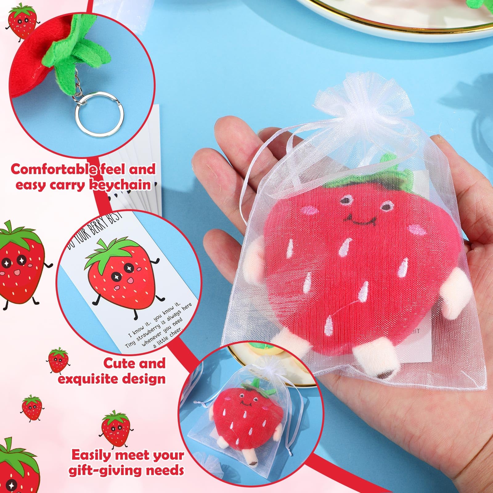 JellyArch 36 Pcs Employee Appreciation Gifts Bulk Fruit Keychain Positive Puns Card Organza Bags Coworker Thank You Gift(Strawberry Keychain)