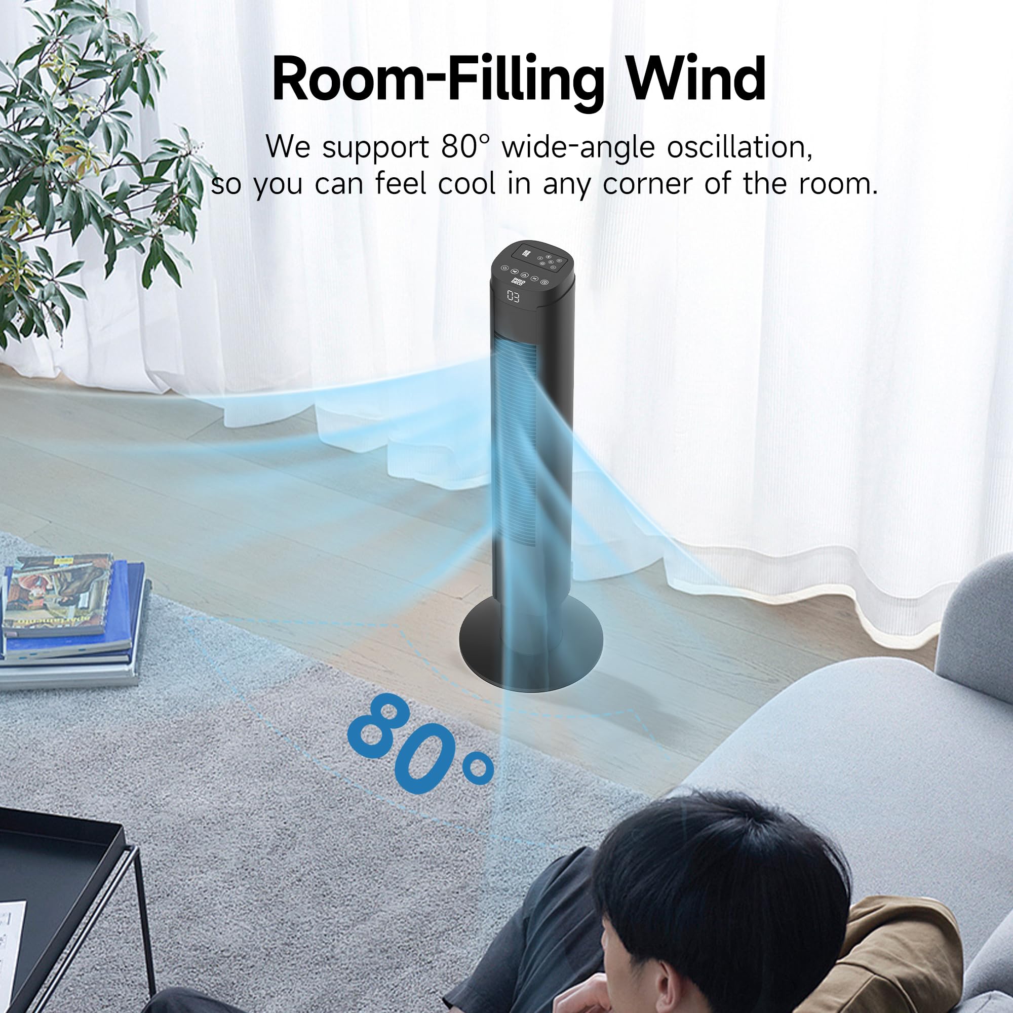 PHILODECO Industrial fan Tower Fans for Home,80 ° Vibration Remote Control Vertical Floor Fan, Multiple Modes, 9-Hour Timer, Bladeless Floor Fan, Led Display Screen,Silent Bedroom Fan, 4 Speeds,