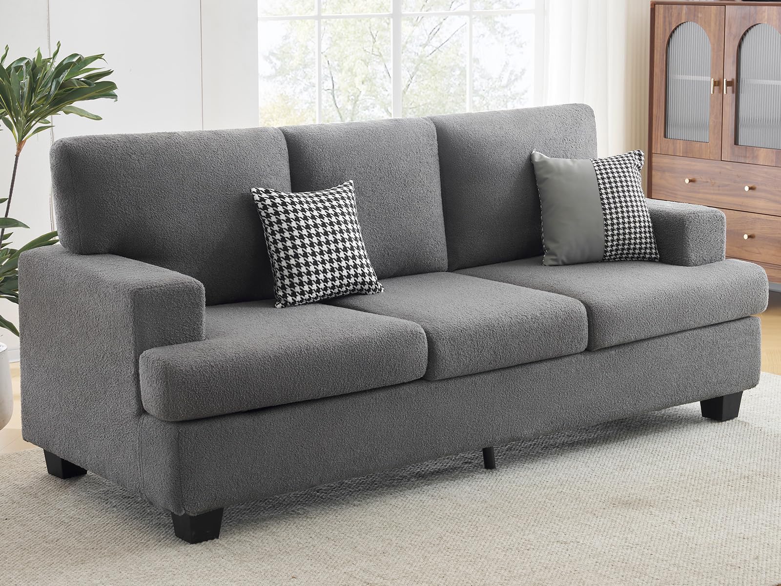 SENYUN 3-Seater Sofa Couch，Comfy Couch with Upholstered Cushions & Square Armrest,Modern Sofa with Deep Seats, Bouclé Home Sofa Couches for Living Room,Apartment,Bedroom,Office(Grey)