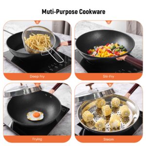 Kseroo 12.5” Woks & Stir-Fry Pans with Lid Steamer, Nonstick Ceramic Wok Pan with Lid, Deep Large Induction Hard Anodized Frying Wok, Carbon Steel Wok Set Flat Bottom, Large Saute Pan Set