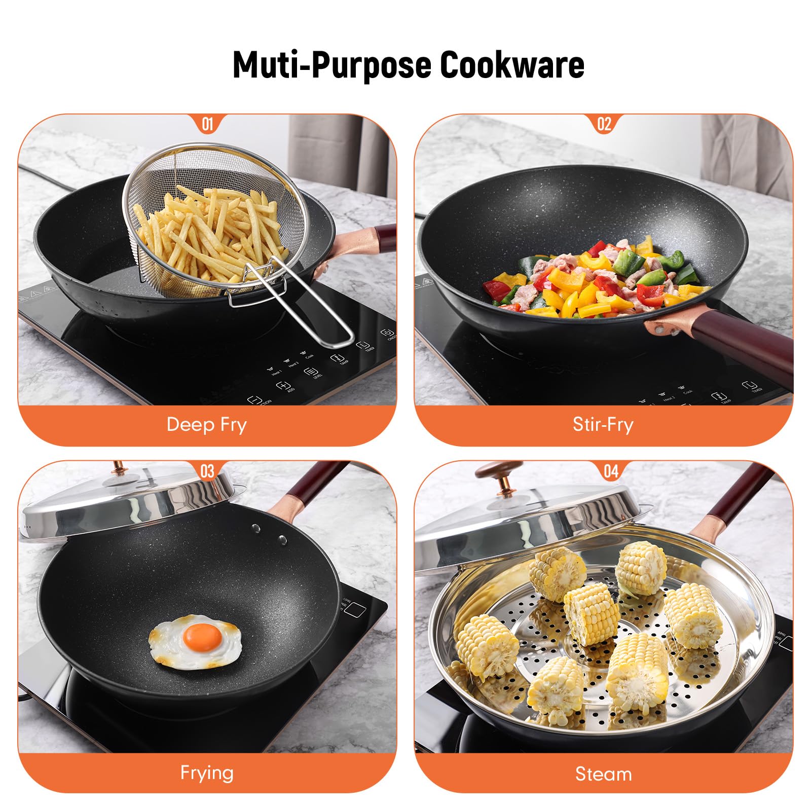 Kseroo 12.5” Woks & Stir-Fry Pans with Lid Steamer, Nonstick Ceramic Wok Pan with Lid, Deep Large Induction Hard Anodized Frying Wok, Carbon Steel Wok Set Flat Bottom, Large Saute Pan Set