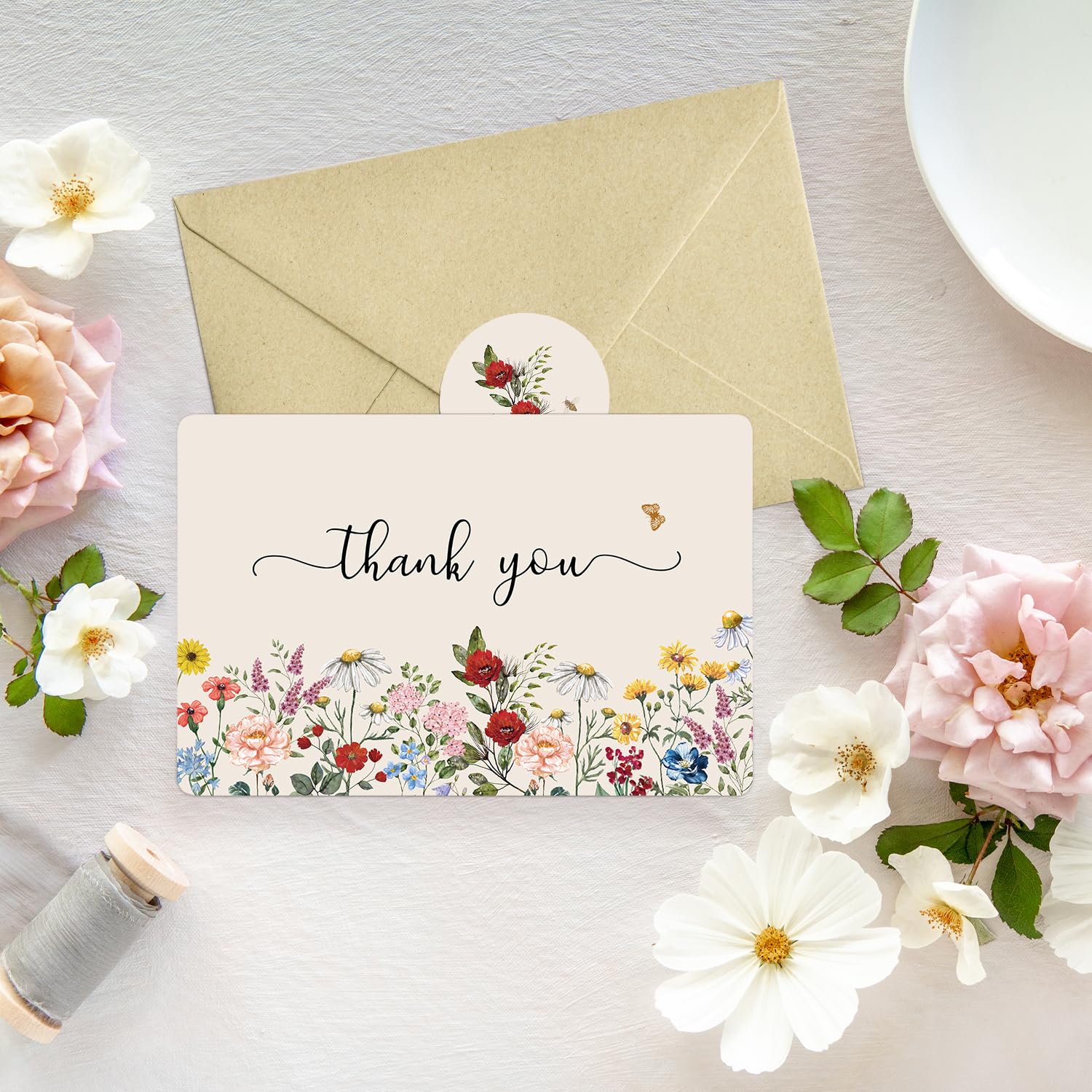 Artoid Mode 24 Pack Wildflower Thank You Cards Vintage Flower Greeting Cards Gift With Envelope Sticker Blank Note Cards for Birthday Wedding Baby Shower Bridal Shower, 4 x 6 Inch