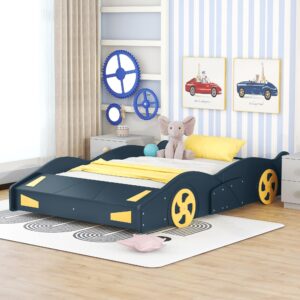 acosure full size race car-shaped platform bed with wheels,wooden car bedframe w/storage space,no box spring required,for boys toddlers kids child's bedroom,dark blue+yellow