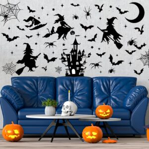 JarThenaAMCS Halloween Wall Stickers Black Witch Castle Spider Bat Wall Decals Removable Room Mural Stickers for Home Hocus Pocus Party Decor, 11.8 x 13.8 Inch, 8 Sheets