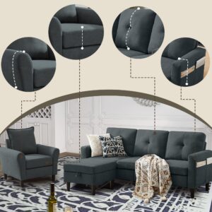 Chireca Convertible Sectional Sofa Set, Small L Shaped 3-Seat Couch with Reversible Chaise and Accent Chair, Modern Polyester Sofas Couches for Living Room, Dark Grey