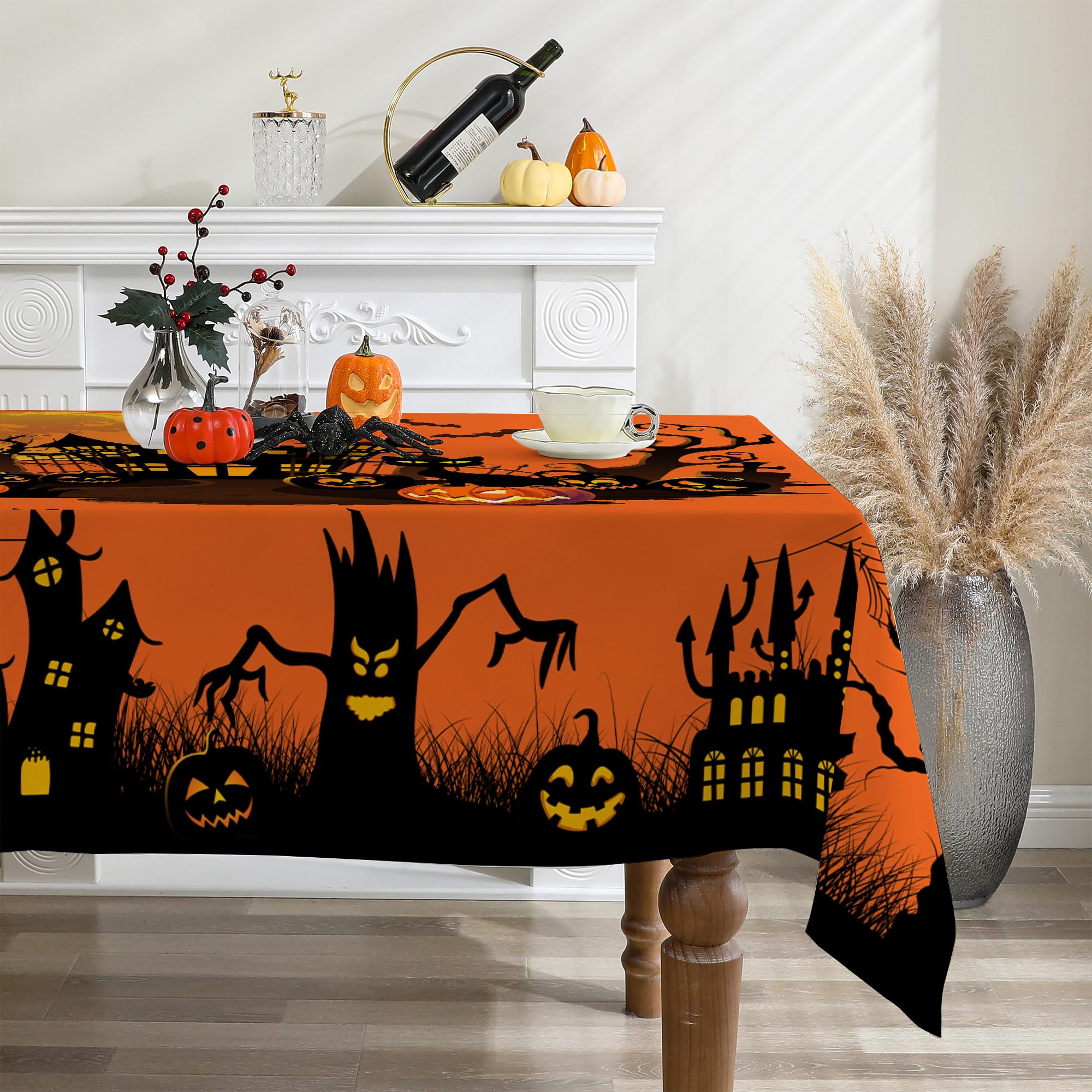 cusugbaso Halloween Tablecloth 60x84 Inches Rectangle - Orange Halloween Table Decorations - Water Resistant Spider Web Halloween Table Cloth, Rectangle Halloween Table Decor for Party