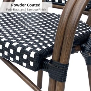 BKSFOAA French Bistro Chairs Set of 2 | Outdoor Hand-Woven Rattan Wicker Dining Armchair for Patio Porch Garden | Double Tube Aluminum Frame & Bamboo Print Finish | Black+White