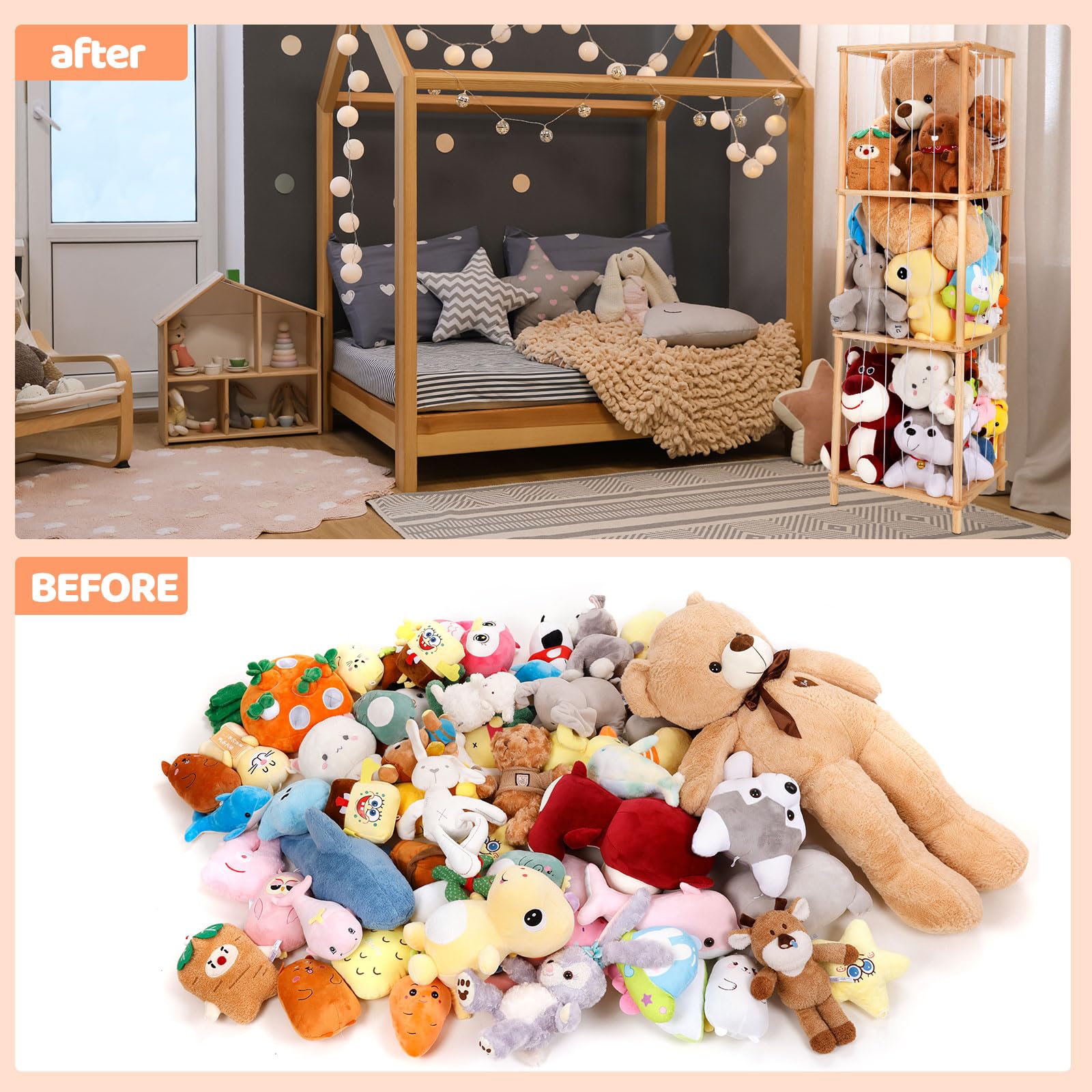 ACEPRUT Wood Stuffed Animal Storage, Space Save Three Tier Vertical Large Stuffed Animal Zoo Organizer for Playroom Bedroom