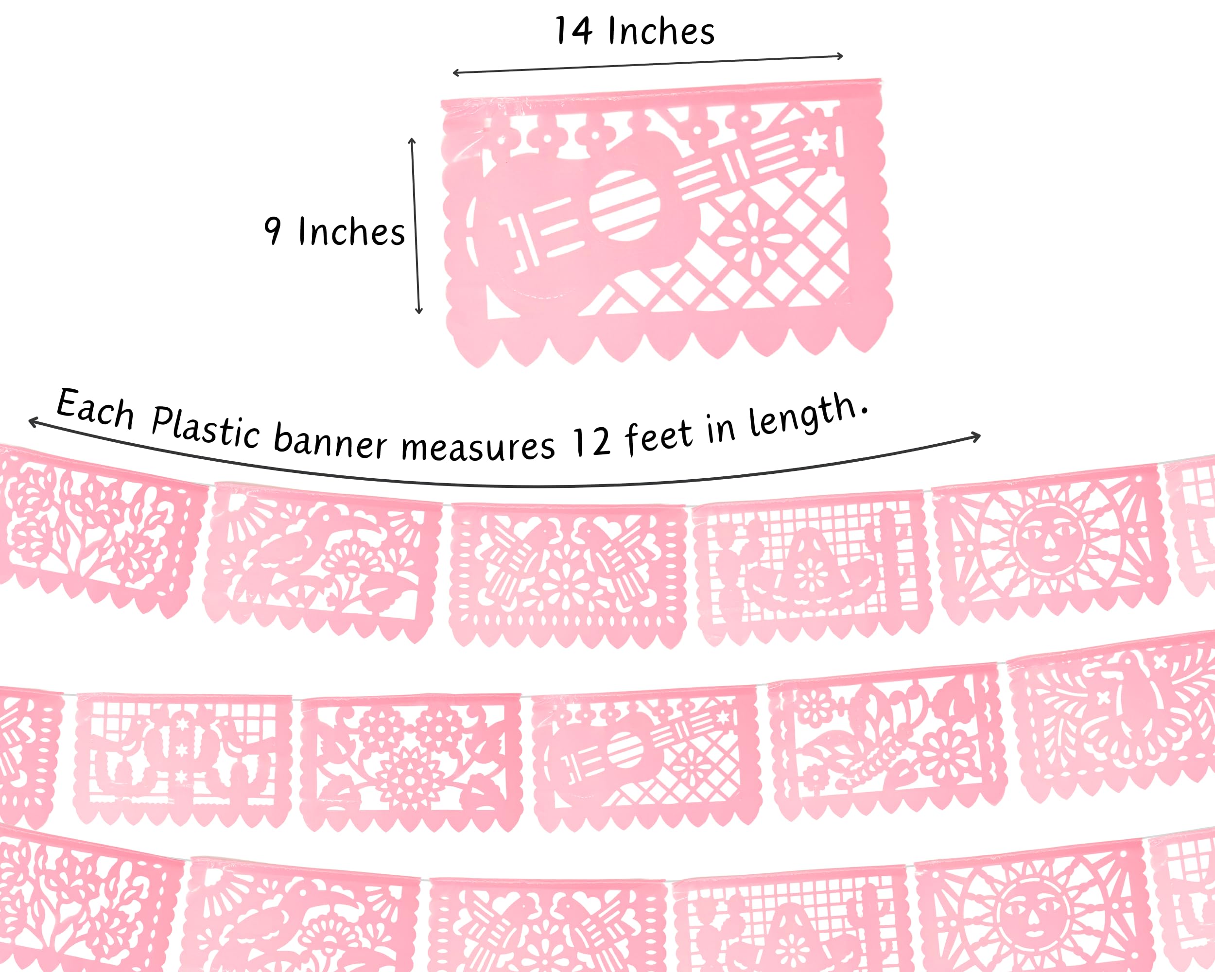 Papel Picado Banner Plastic (Light Pink) Mexican banners for fiesta party, Fiestas flags for Bridal, Weddings, Baby Showers, Birthdays Pastel Pink 3 Pack