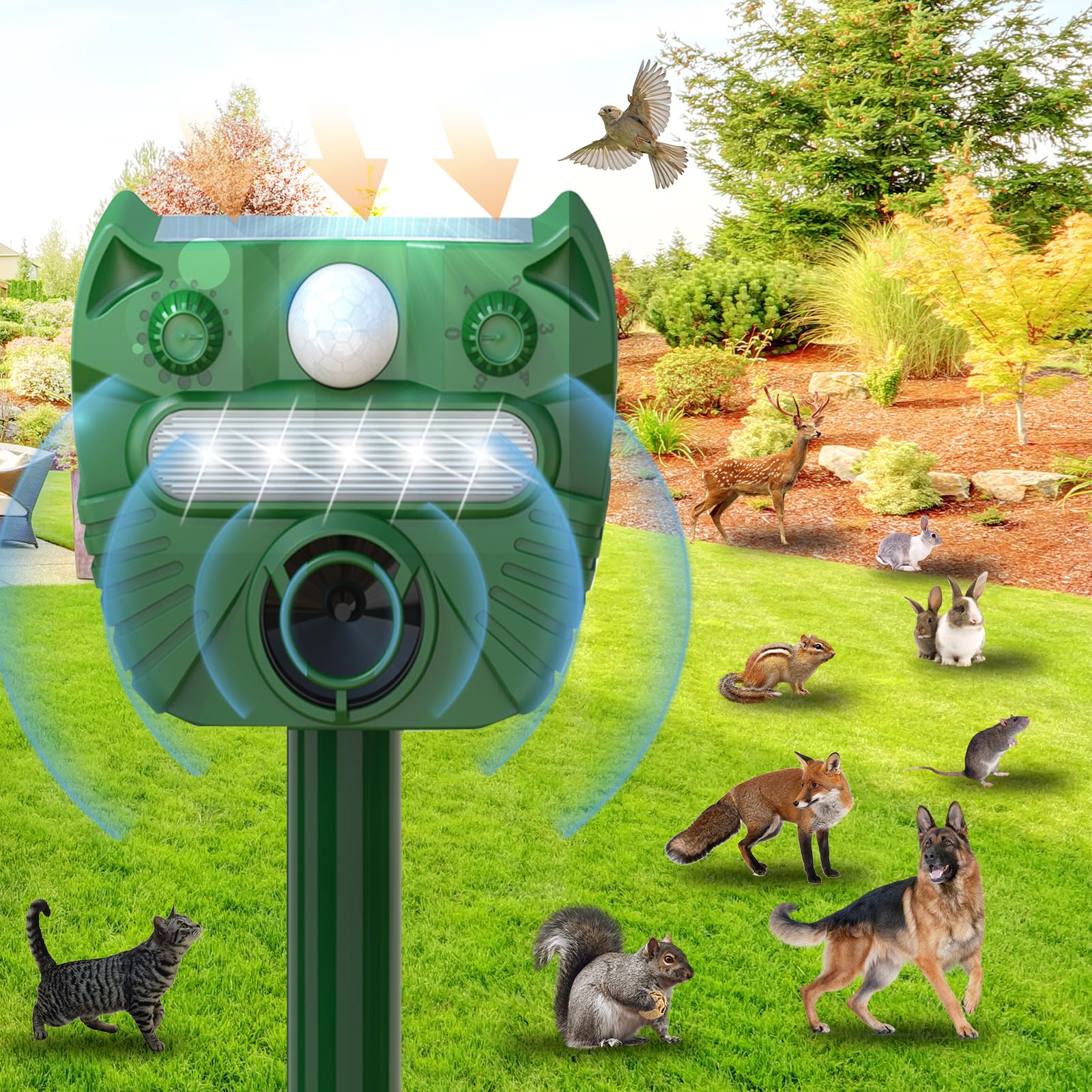 Upgraded Solar Animal Repellent,2024 Cat Repellent Device,Deer Repellent,Waterproof Squirrel Repeller Motion Sensor,Sound and LED Flashing,Animal Repellent for Dog Bird Rabbit-Q547