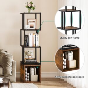 YITAHOME 4-Tier Rotating Bookshelf 360 Display Floor Standing Bookcase for Small Spaces Industrial Narrow Shelf Organizer Storage Rack for Bedroom, Living Room, Study Room,Rustic Brown