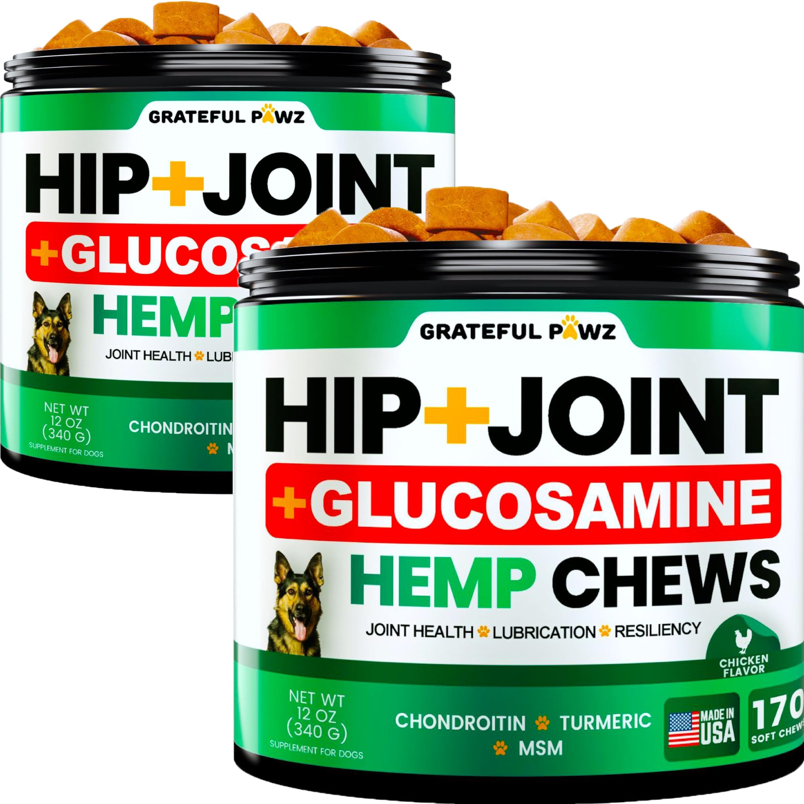 (2 Pack) Hemp Hip and Joint Supplement for Dogs - Glucosamine for Dogs - 340 Dog Joint Pain Relief Treats - Chondroitin, MSM, Hemp Oil - Advanced Dog Joint Supplement Health - Mobility Support Chews