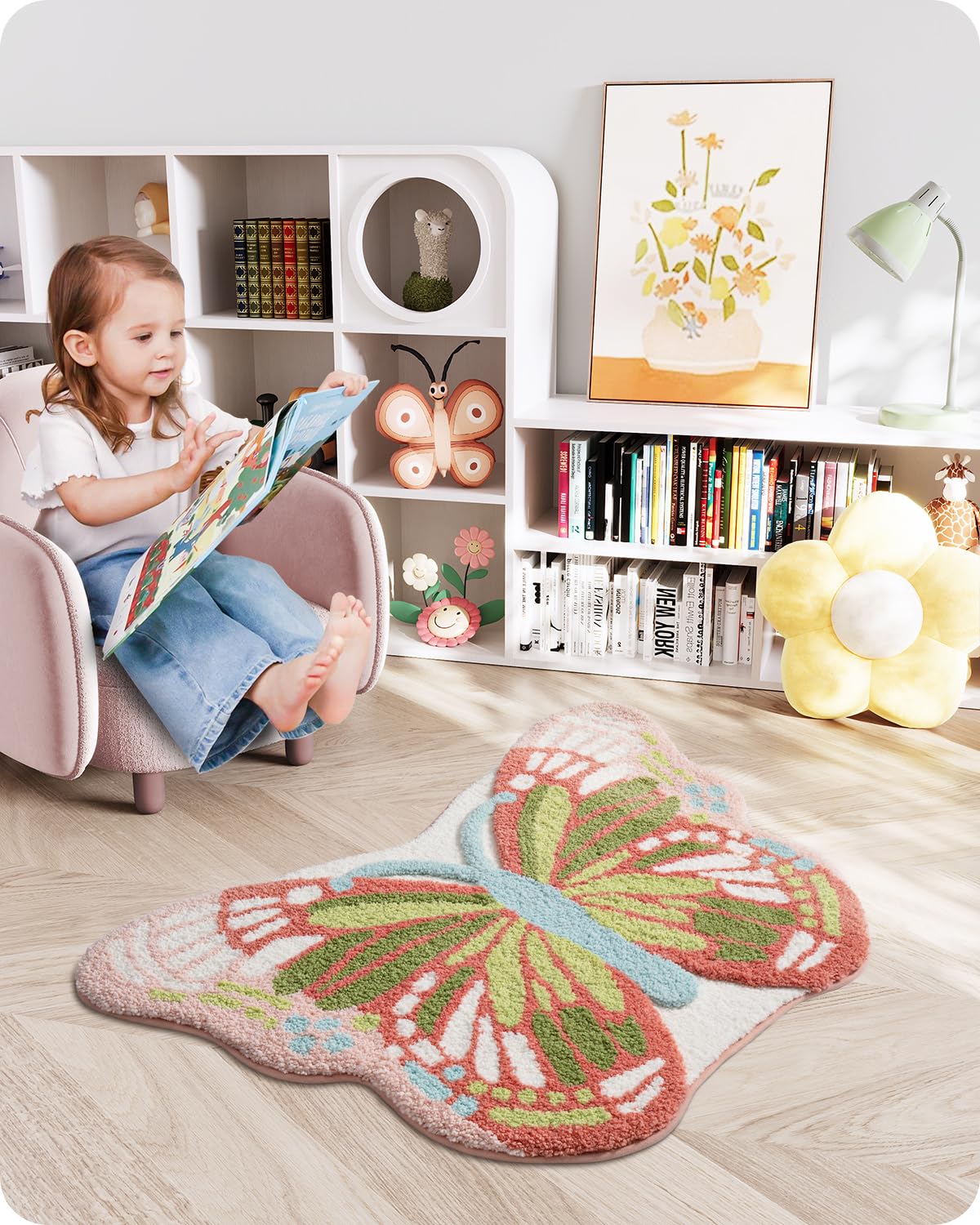 LUMI Area Rug, Shag Ultra-Soft Absorbent Rugs, Washable Non-Slip Backing Cute Carpet, Plush High Pile Floor Mats for Living Room, Kids Room, Bedroom and Nursery Room Decor, 28"x39", Pink Butterfly