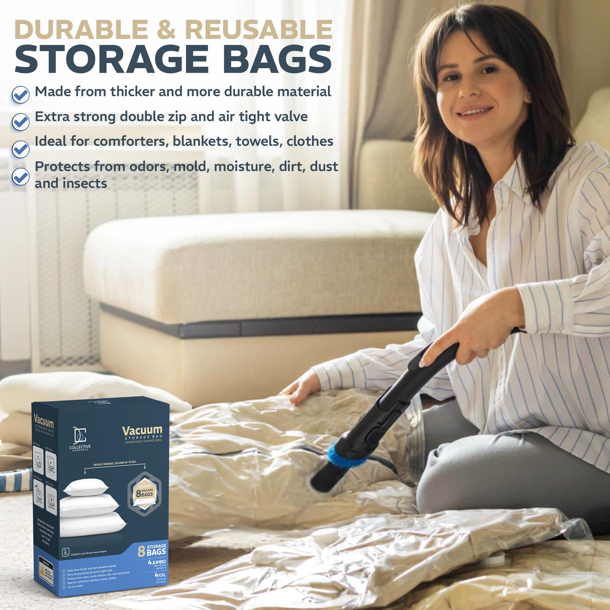 Vacuum Storage Bags 4x XXL (47x35in) + 4x Jumbo (39.5x31.5in) 8 Pack Vacuum Seal Bags for Clothing, Travel, Bedding, Blanket, Toys and Comforter Storage - Space Saver Bags for Storage and Moving