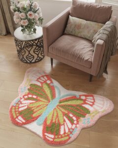 lumi area rug, shag ultra-soft absorbent rugs, washable non-slip backing cute carpet, plush high pile floor mats for living room, kids room, bedroom and nursery room decor, 28"x39", pink butterfly