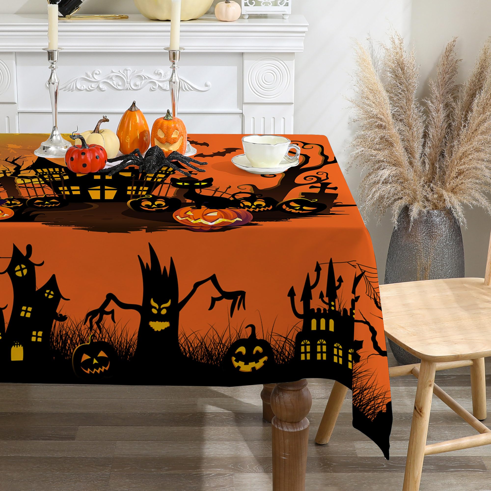 cusugbaso Halloween Tablecloth 60x84 Inches Rectangle - Orange Halloween Table Decorations - Water Resistant Spider Web Halloween Table Cloth, Rectangle Halloween Table Decor for Party