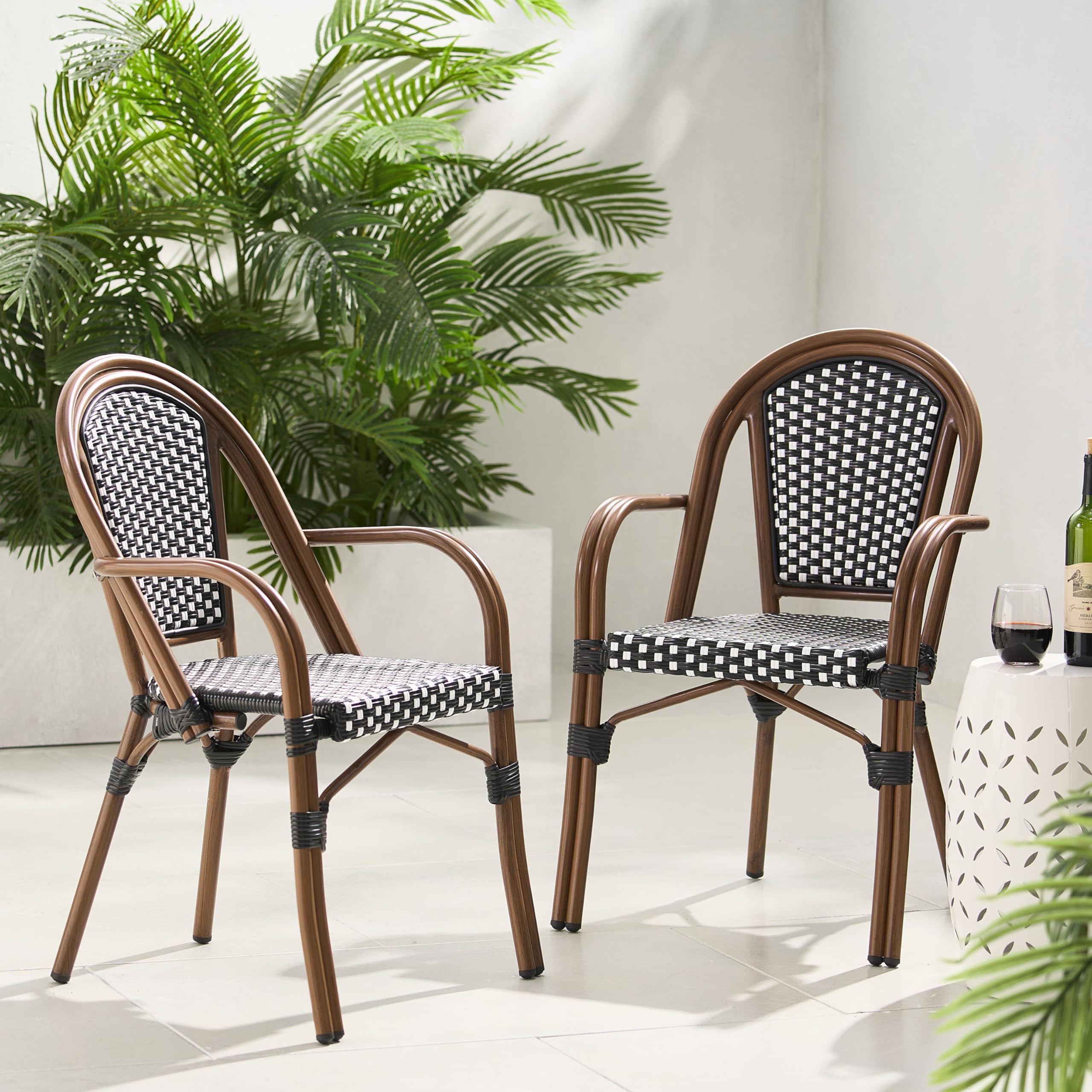 BKSFOAA French Bistro Chairs Set of 2 | Outdoor Hand-Woven Rattan Wicker Dining Armchair for Patio Porch Garden | Double Tube Aluminum Frame & Bamboo Print Finish | Black+White