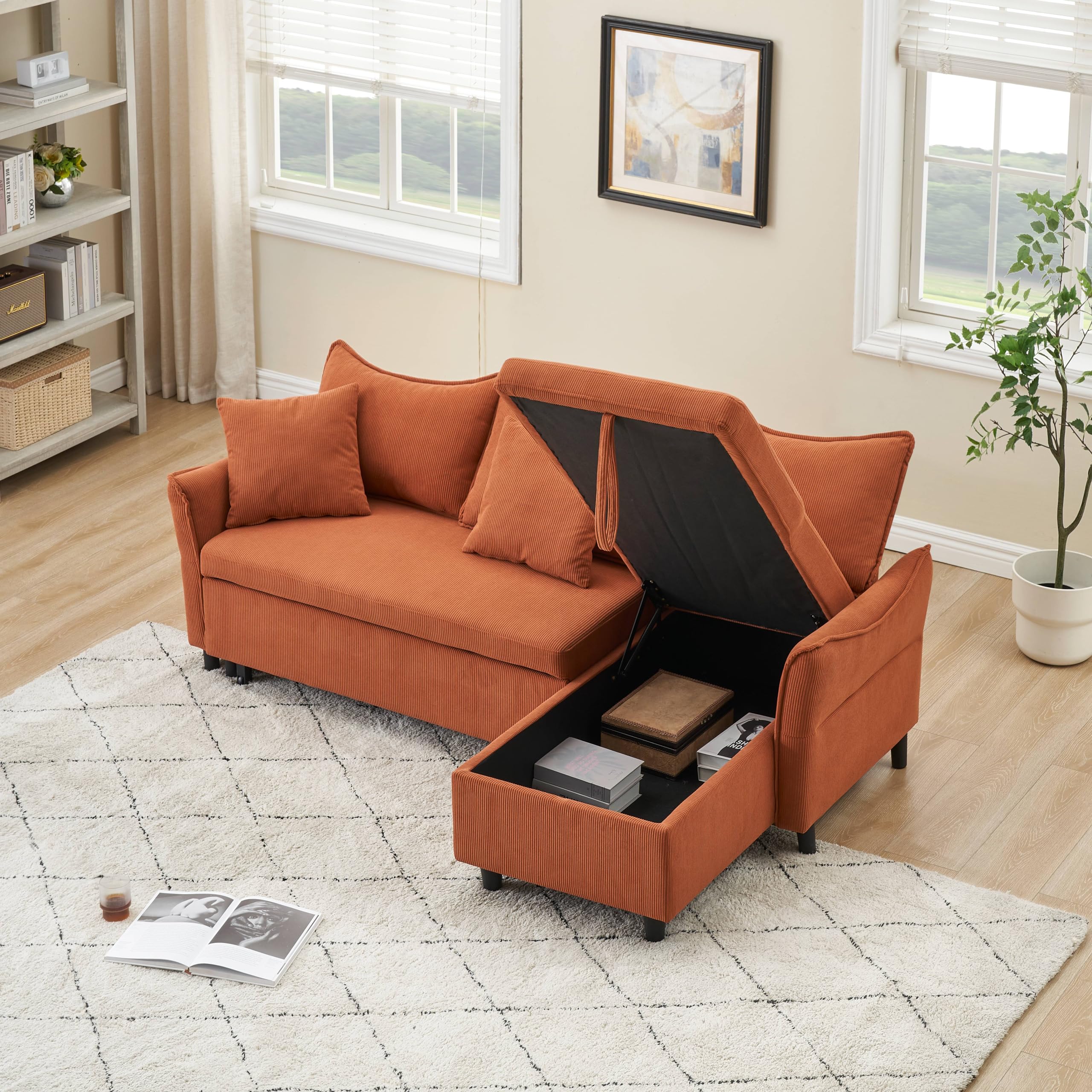 FHUKMZOI 80" Corduroy L-Shaped Convertible Sectional Couches Sofa with Reversible Storage Chaise, Pull-Out Sleeper Sofa Bed with Throw Pillows for Living Room, Office, Apartment (Orange)