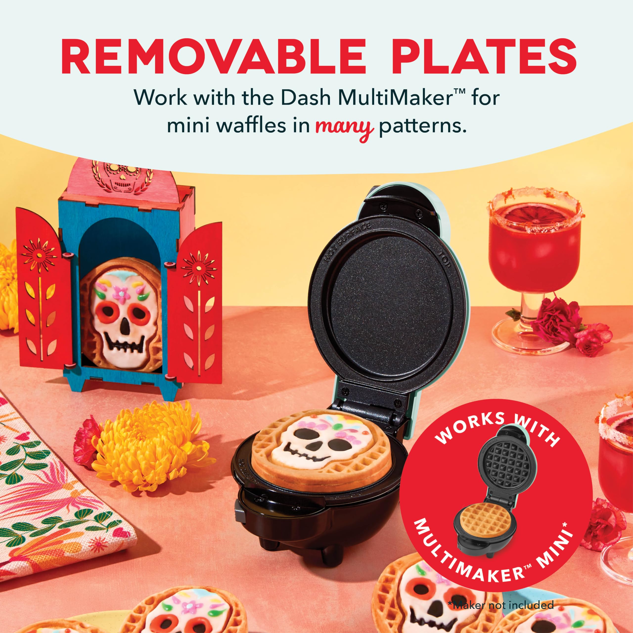 DASH Multimaker Mini System Two 4” Nonstick Removable Waffle Plates (Skull & Jack-O-Lantern) - 2Pc Plate Pack for Waffle Iron & Griddle, Compatible with Dash MultiMaker Mini System, Nonstick Surface