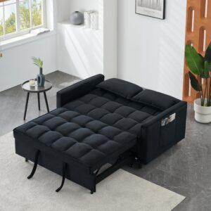 ndpqn 3 in 1 convertible sleeper sofa bed,modern pull out bed couch, velvet upholstered small love seat lounge w/ 2 pillows & adjustable back for living room office (velvet, black)