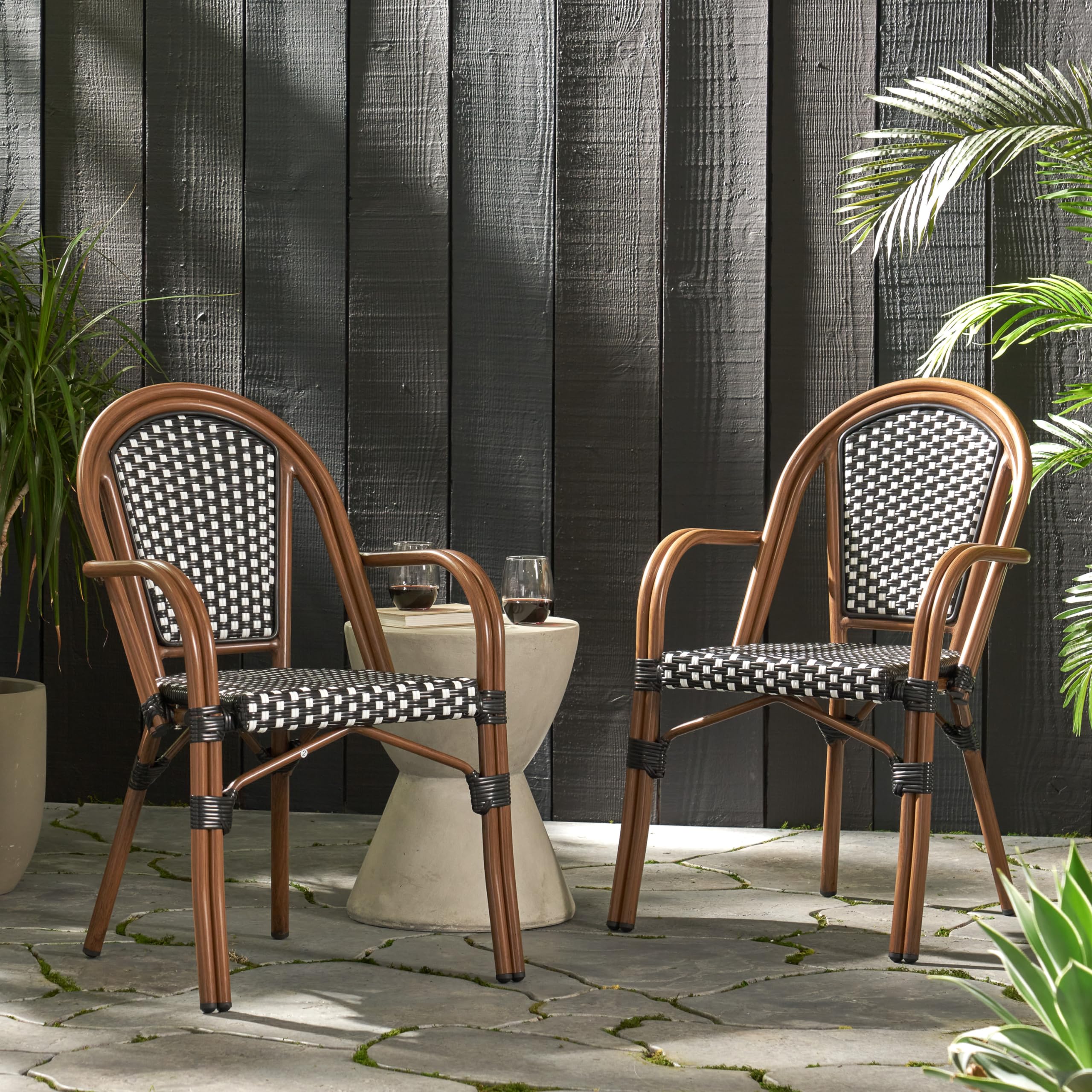 BKSFOAA French Bistro Chairs Set of 2 | Outdoor Hand-Woven Rattan Wicker Dining Armchair for Patio Porch Garden | Double Tube Aluminum Frame & Bamboo Print Finish | Black+White